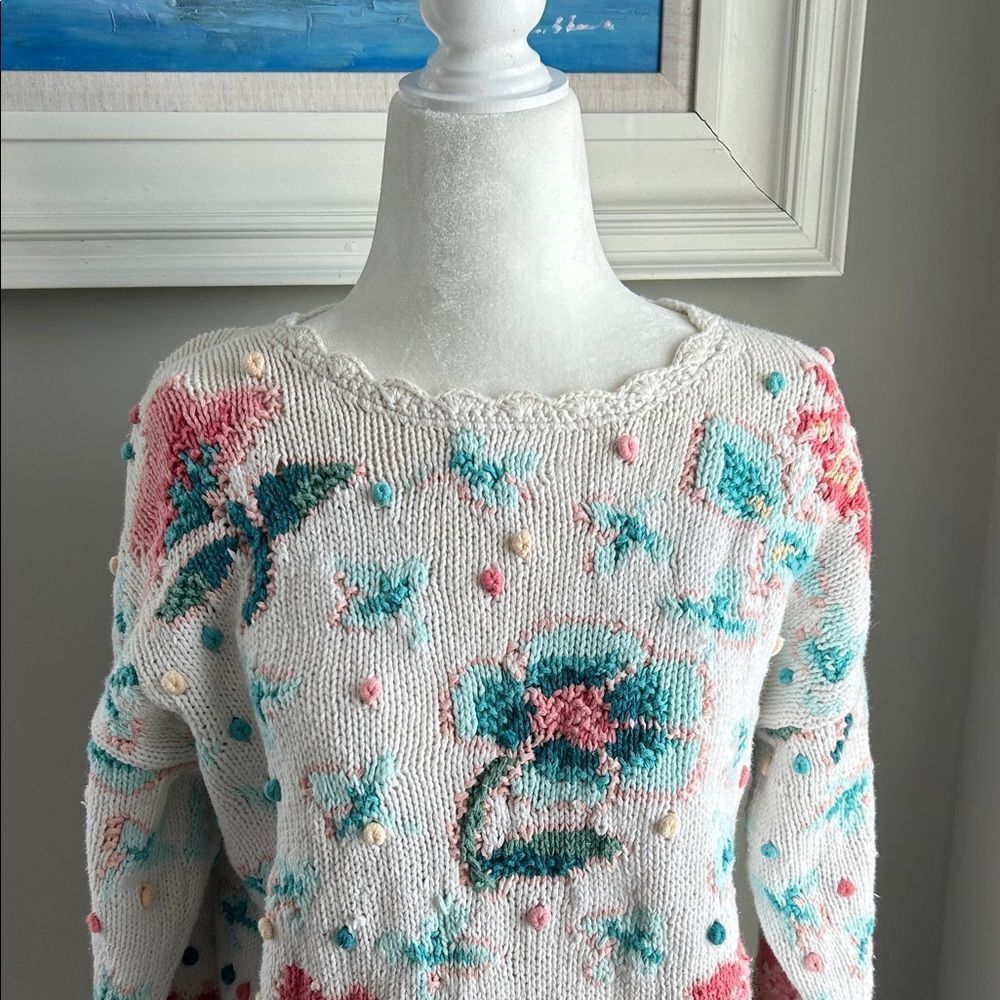 Vintage Portraits Tulip Ramie Cotton Floral Handknit Sweater medium - Picture 3 of 16